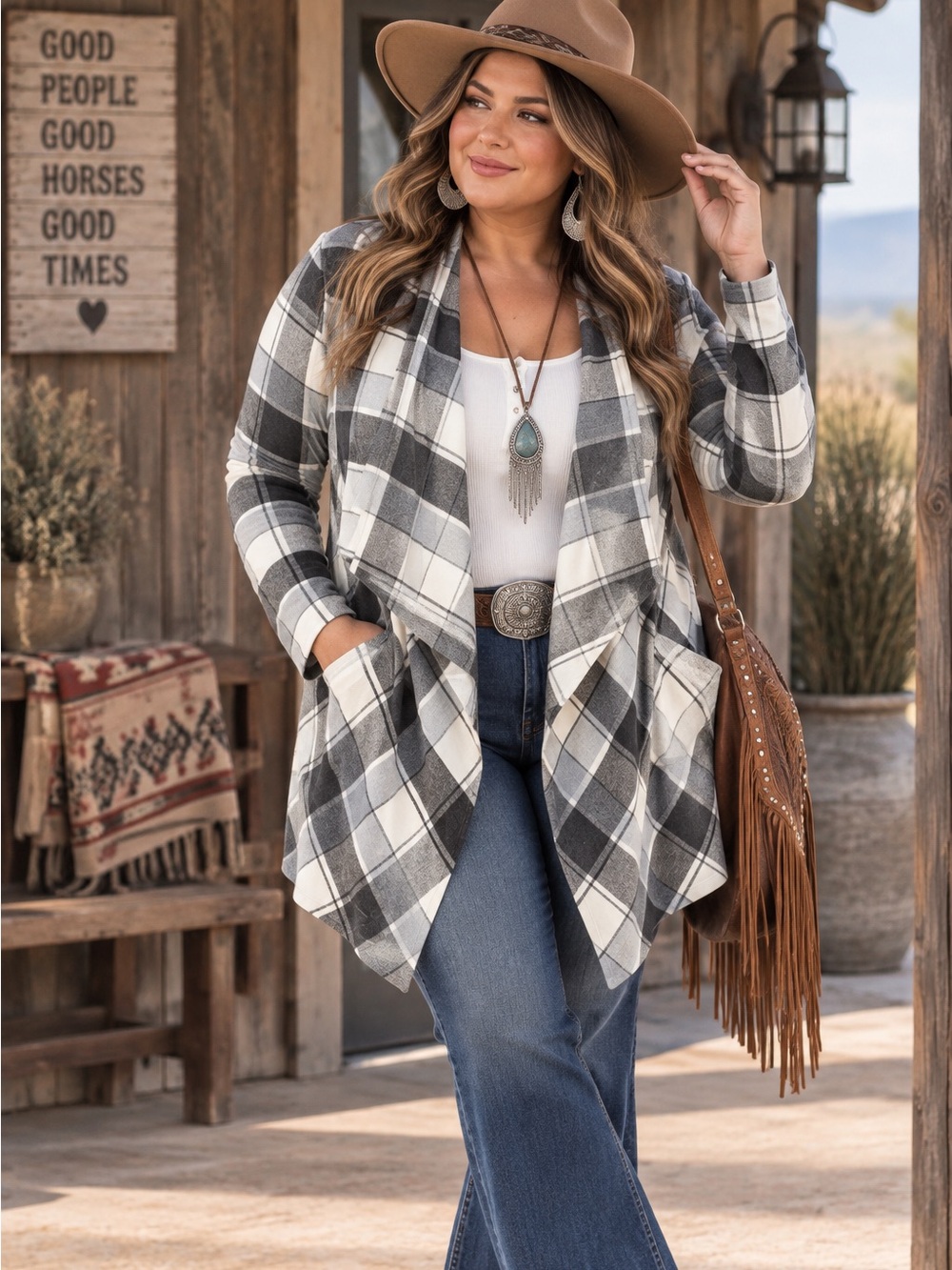 Matilda Jane Plaid Check It Twice Boho Western Open Front Cardigan Size L